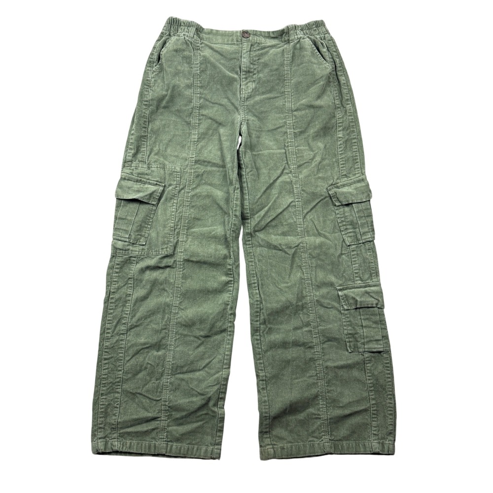Forever 21 Womens XL Green Corduroy Cargo Pants Wide Leg High Rise Elastic Waist